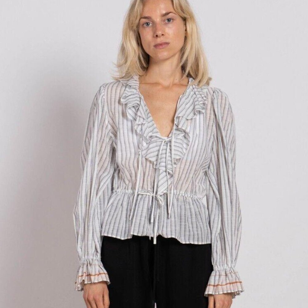 Ulla Johnson Striped Ruffle Blouse - White and Gray